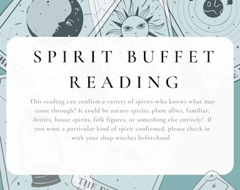 Puede incluir: Una tarjeta blanca rectangular con el texto negro SPIRIT BUFFET READING y un párrafo que describe un servicio de lectura espiritual. El fondo presenta cartas de tarot azul claro con ilustraciones de la luna, el sol y los planetas.