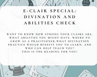 Puede incluir: Una tarjeta rectangular blanca con texto negro que dice E-CLAIR SPECIAL: DIVINATION AND ABILITIES CHECK, seguido de un párrafo sobre fortalezas clarividentes y prácticas de adivinación, sobre un fondo de cartas de tarot.