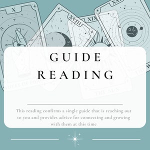 Puede incluir: Un diseño de lectura de tarot de guía con el texto "GUIDE READING" y el texto "This reading confirms a single guide that is reaching out to you and provides advice for connecting and growing with them at this time".