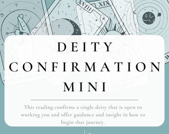Puede incluir: Gráfico turquesa con el texto "DEITY CONFIRMATION MINI" en negro. El fondo presenta cartas del tarot con diseños celestiales. El texto explica el propósito de la lectura: confirmar una deidad y ofrecer orientación.