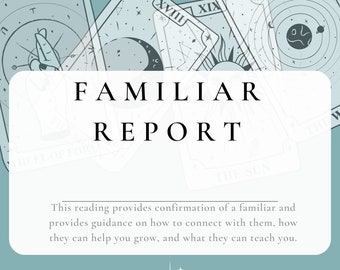 Puede incluir: Una tarjeta blanca con el texto "FAMILIAR REPORT" en negro. La tarjeta está rodeada de cuatro cartas de tarot con números romanos y diseños celestiales.