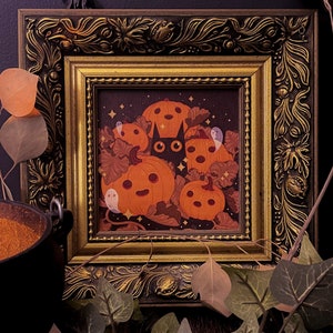 Mini Art Print &quot;Cat O&#39; Lantern&quot; 5&quot;x5&quot; Spooky Cute Cat Pumpkin Gouache Illustration Fine Art Print