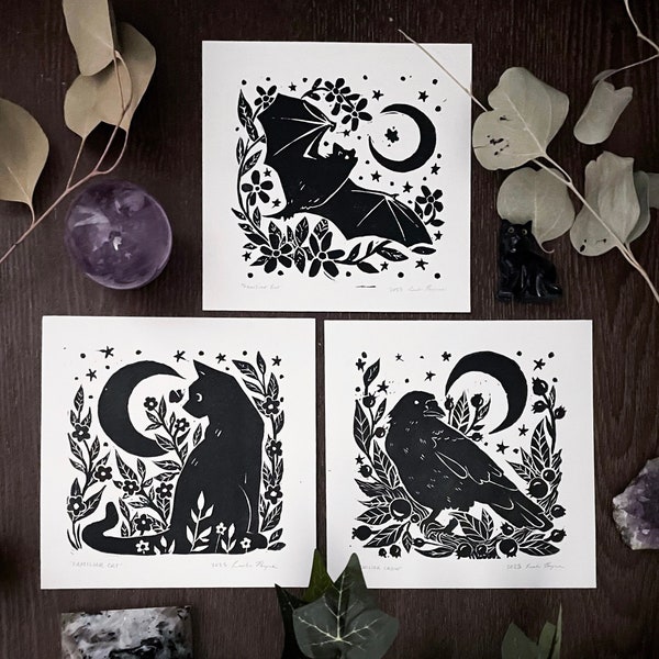 Mini Art Print "Familiars" 5”x5” Original Signed Linoleum Prints Witchy Celestial Black Cat Moon Crow Bat Spooky Flower Art Print