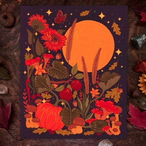 Giclée Art Print &quot;Harvest Moon&quot; 8&quot;x10&quot; Autumn Gouache Illustration Fine Art Print