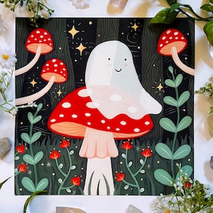 Giclée Art Print "Mushroom Ghost" 8"x8" Spooky Cute Gouache Illustration Fine Art Print