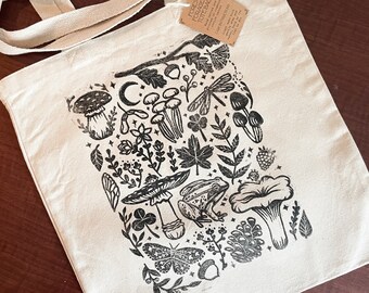 Forest Forager Tote Bag 15"x16" Organic Cotton Canvas Lino Print Woodsy Bag