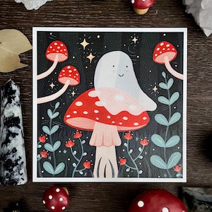 Mini Art Print &quot;Mushroom Ghost&quot; 5&quot;x5&quot; Spooky Cute Gouache Illustration Fine Art Print