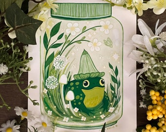 Kunstafdruk "Behuizing verrijking" 5 "x 7" schattige natuur paddestoel kikker aquarel gouache illustratie Fine Art Print