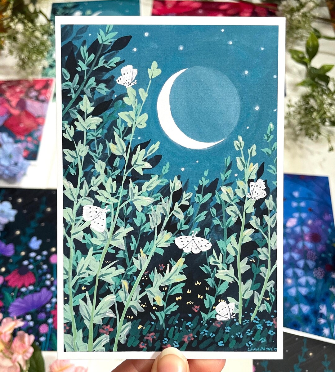 Art Print "moonlit Moths" 6"x9" or 4"x6" Moth Night Crescent Moon ...