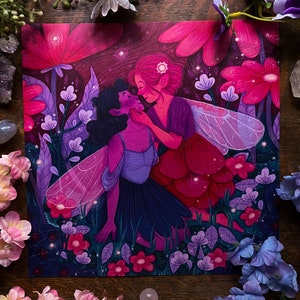 Art Print &quot;Midnight Meeting&quot; 8&quot;x8&quot; Cute Nature Pink Lesbian Fairy Gouache Illustration Fine Art Print