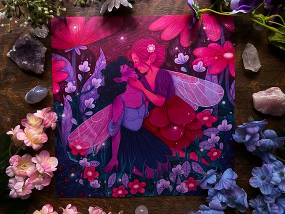 Art Print "Midnight Meeting" 8"x8" Cute Nature Pink Lesbian Fairy Gouache Illustration Fine Art Print