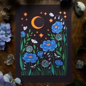 Art Print "Summer Nights" 5"x7" Cute Nature Flower Moon Moth Night Gouache Illustration Fine Art Print