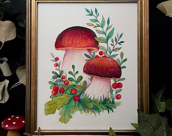 Art Print "Forest Mushrooms" 8"x10" Cute Nature Forest Mushroom Watercolor Illustration Fine Art Print