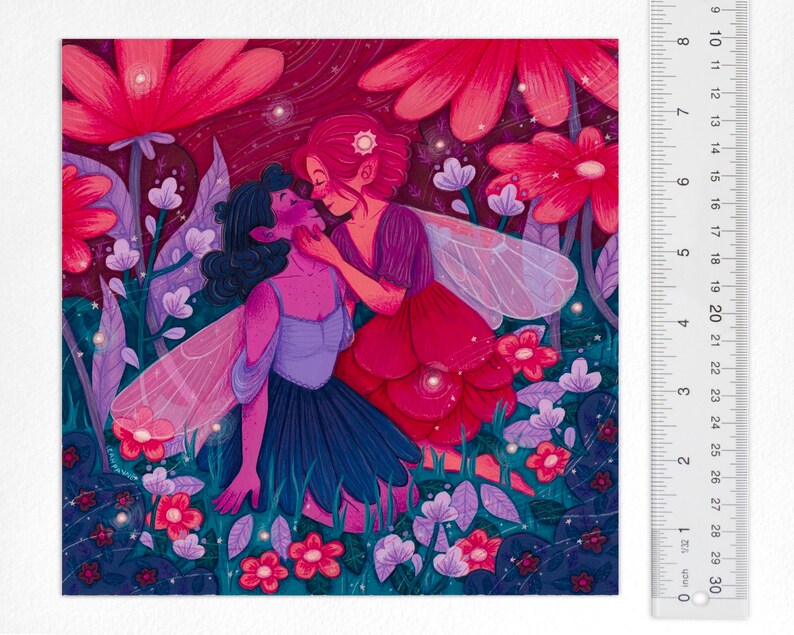 May include: Two fairies with wings, one with pink hair and a red dress, the other with blue hair and a purple dress, are embracing in a field of pink and purple flowers. The background is a dark blue with stars.
