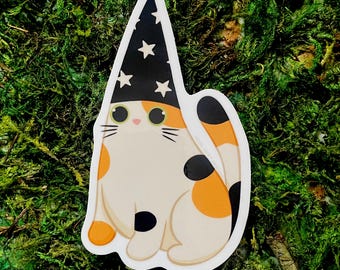 Vinyl Sticker "Calico Wizard Cat" 3"x2" Cute Magic Cat Funny Water Bottle Wizard Sticker