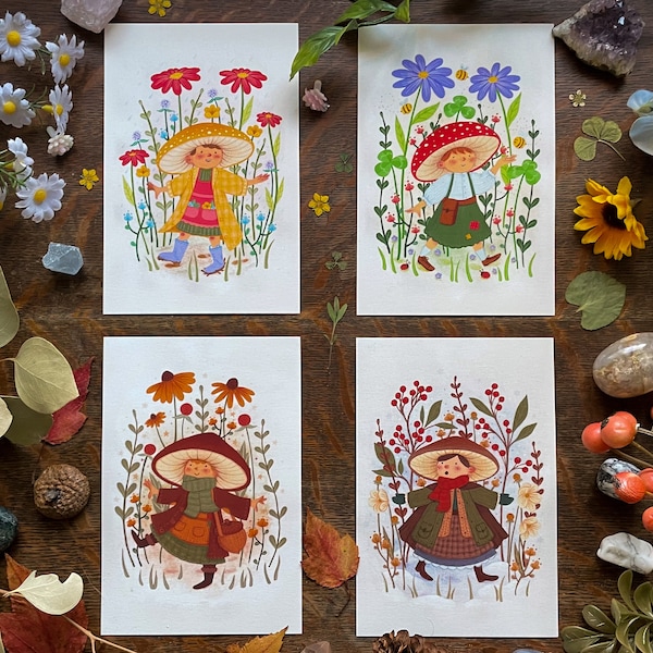 Mini Seasonal Mushroom Fairy 4"x6" Giclée Prints Cute Nature Gouache Illustration Fine Art Print