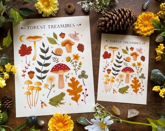 Giclée Art Print "Forest Treasures" 8"x10" or 5"x7" Cute Nature Forest Gouache Illustration Fine Art Print