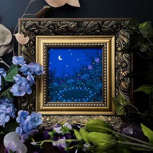 Mini Art Print "Midnight Fairy Garden" 5"x5" Cute Nature Mushroom Blue Moon Fairy Gouache Illustration Fine Art Print