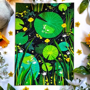 Giclée Art Print "Summer Night Frogs" 5"x7" Nature Frog Gouache Illustration Fine Art Print