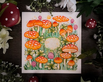 Mini Art Print "Spring Fairy Ring" 5"x5" Cute Nature Mushroom Fairy Watercolor Gouache Illustration Fine Art Print