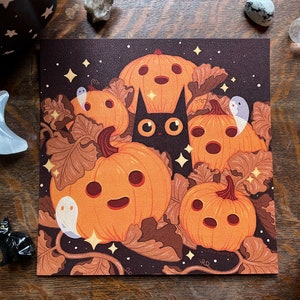 Art Print "Cat O' Lantern" 8"x8" Spooky Cute Cat Pumpkin Gouache Illustration Fine Art Print