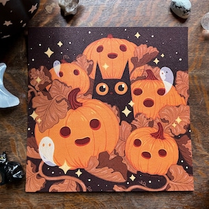 Art Print "Cat O' Lantern" 8"x8" Spooky Cute Cat Pumpkin Gouache Illustration Fine Art Print