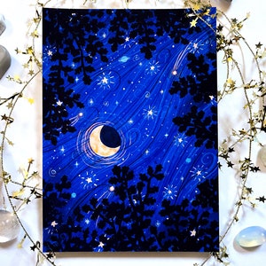 Giclée Art Print "Summer Night Stars" 5"x7" Moon Star Night Gouache Illustration Fine Art Print