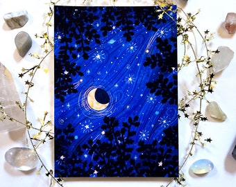 Giclée Art Print "Summer Night Stars" 5"x7" Moon Star Night Gouache Illustration Fine Art Print