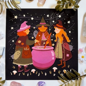 Giclée Art Print "Witch's Brew" 8"x8" Spooky Cute Gouache Illustration Fine Art Print