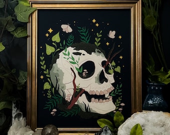 Art Print "Waiting" 8"x10" Spooky Skull Nature Halloween Gouache Illustration Fine Art Print