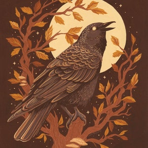 Art Print ”Autumn’s Call&quot; 8&quot;x10&quot; Spooky Raven Nature Autumn Halloween Gouache Illustration Fine Art Print