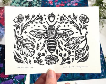 Linoleum Block Print "The Last Honey Bee" 5"x7" Signed Original Handmade Print, Nature Bee Flower Plant Lino Illustration Fine Art Print