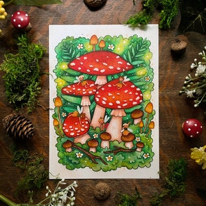 Art Print "Forest Fairies" 5"x7" Cute Nature Mushroom Fairy Watercolor Gouache Illustration Fine Art Print