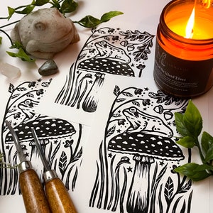 Linoleum Block Print "Toad Stool" 5"x7" Nature Frog Toad Mushroom Lino Illustration Fine Art Print