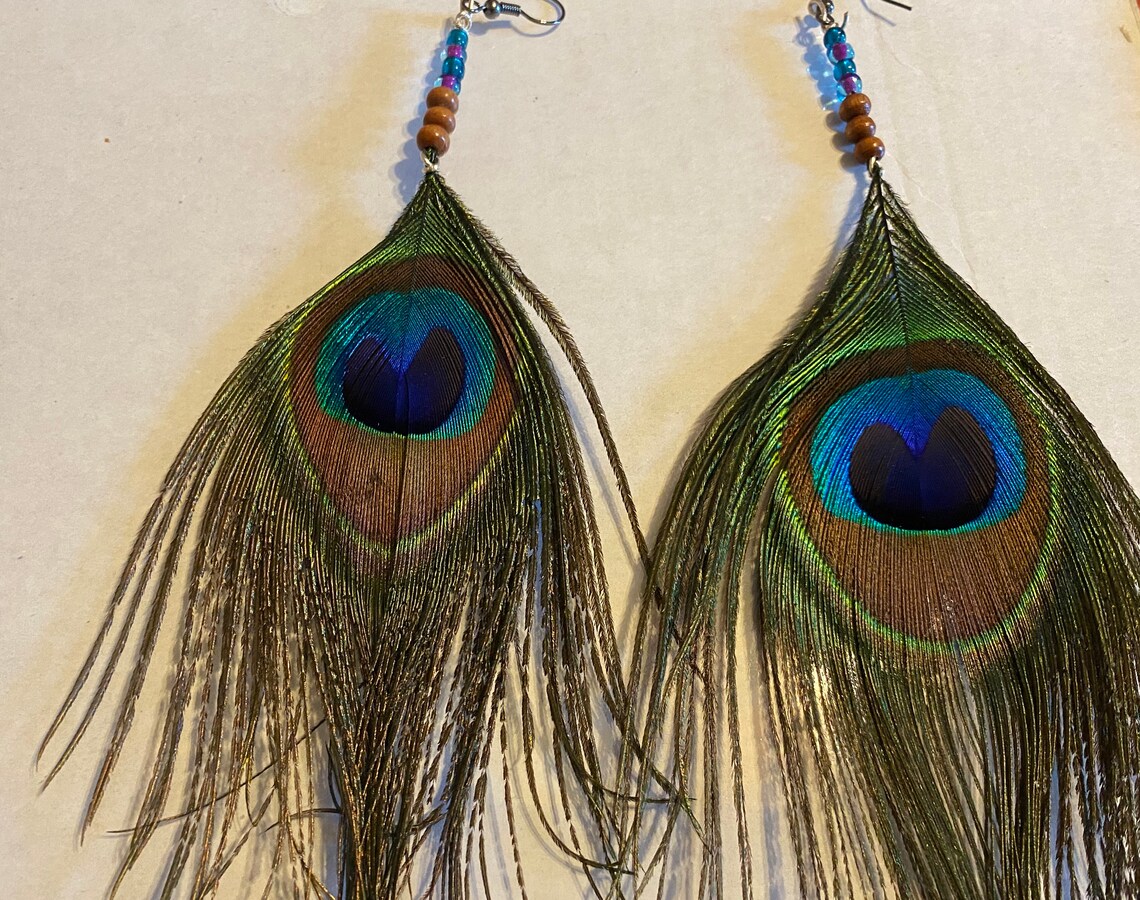 Peacock Feather Hand Beaded Earrings Etsy