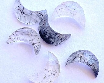 Black Rutile Moon Gemstone: Hand Carved Crescent Beads (8X12MM)