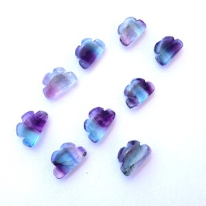 May include: Ten small, carved, purple and blue fluorite cloud-shaped stones.
