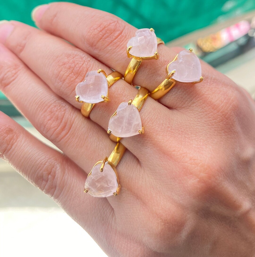 Rose Quartz Ring Heart Shape Ring Brass Ring gemstone Ring Etsy