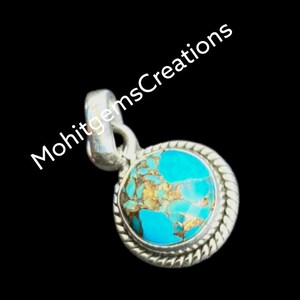 Copper Turquoise Sterling Silver Pendant: Round Rope Style