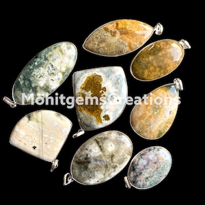 Natural Ocean Jasper Gemstone Pendants: .925 Silver Plated Brass