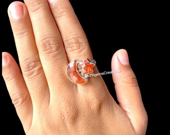 Orange Sunstone Ring Gemstone Ring ,Star and Moon Ring, Sunstone Ring Adjustable Ring, Crescent Moon Ring ,Sunstone Moon Handmade Jewelry
