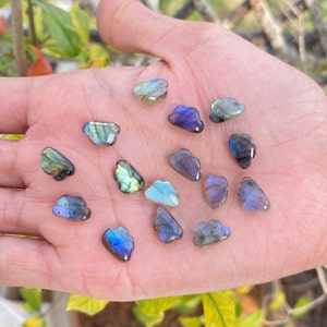 Pode incluir: Uma coleção de 15 pedras em forma de nuvem de labradorita iridescente. As pedras são de vários tons de azul, verde e roxo.