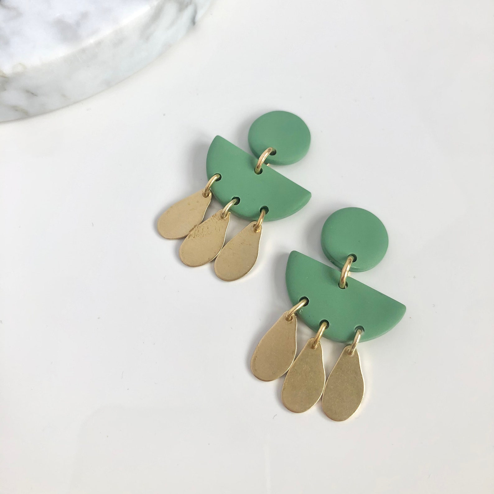 Olive green modern drop earrings with brass charms. Polymer Etsy
