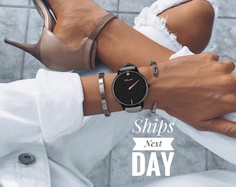 Damenuhr Stylish | Damenuhr | Schwarze Armbanduhr für Frauen | Damenuhr Large Wrist | Damenarmbanduhr | Kristalle | 40mm |