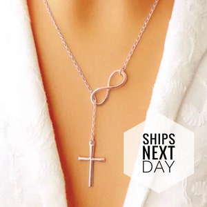 Italian Solid Sterling Silver Infinity Cross Lariat Necklace | Gifts for Mom | Pendant Necklaces | Christian Necklace Sterling Silver |