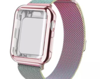 Mesh Milanese Wrist Band Loop W/ Screen Protector Bumper Case For Apple Watch | Rainbow Apple Watch Band Woman | Iwatch band