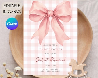 Pink Bow Baby Shower Invitation Template, Coquette Pink Gingham Checker Invite, It's A Girl Baby Shower, Editable Canva Printable Download