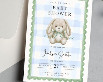 Blue Baby Shower Invitation Template, Green Border Boy Invite, Watercolor Checker Teddy Rabbit Invitation, Editable Canva Printable Download