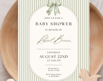 Vintage Green Striped Baby Shower Invitation | Lace Baby Party Invite | Baby Shower Invitation Templates (Canva Editable)