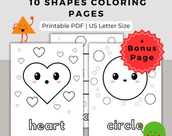 Può includere: Pagine da colorare stampabili con 10 forme diverse, tra cui un cuore e un cerchio. Ogni forma ha un viso carino ed è etichettata con il suo nome. Le pagine sono progettate per i bambini e sono perfette per imparare le forme e i colori.